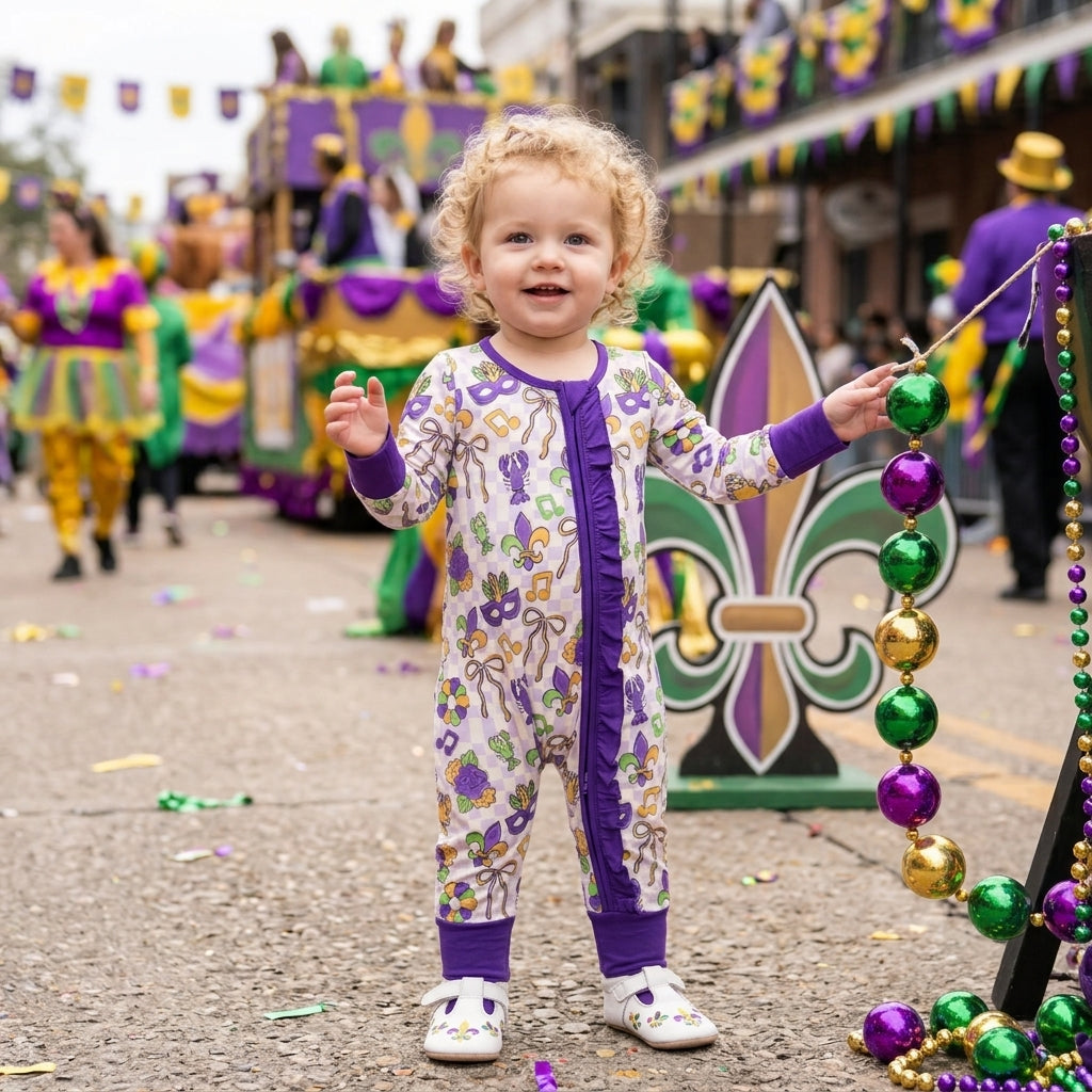 LR3335 Mardi Gras Mask Purple Ruffle Baby Footie Sleepers Romper