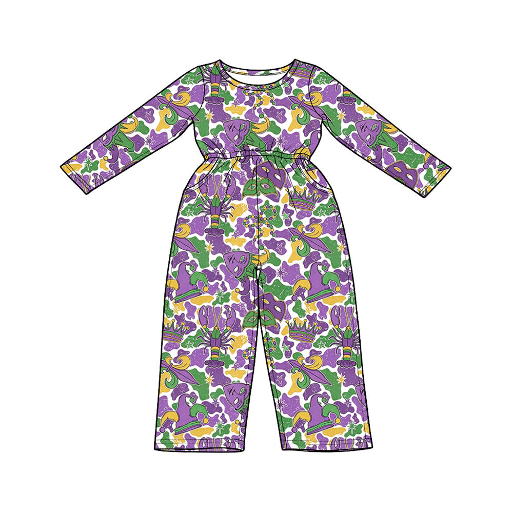 Preorder MOQ 5 pcs Each Style Mardi Gras Mask Camo Girl's Jumpsuit & Scallop Edge Set Kids Matching Clothes 202609
