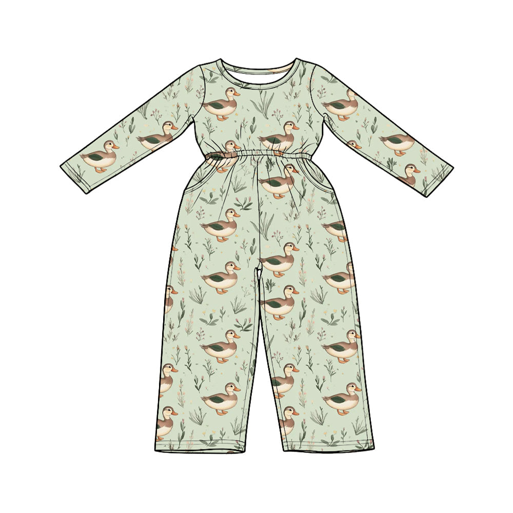 Preorder MOQ 5 pcs Each Style Mallard Ducks Light Green Girl's Jumpsuit & Scallop Edge Set Kids Matching Clothes 202609