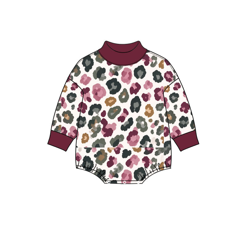 Preorder MOQ 5 pcs LR3390 Leopard Dark Red Middle Neckline Baby Girls Bubble Romper