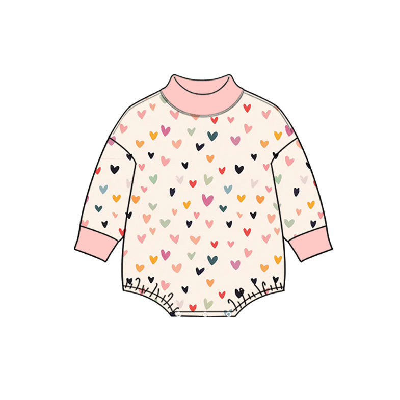 Preorder MOQ 5 pcs LR3425 Valentine's Day Colorful Love Pink Mockneck Baby Girls Bubble Romper