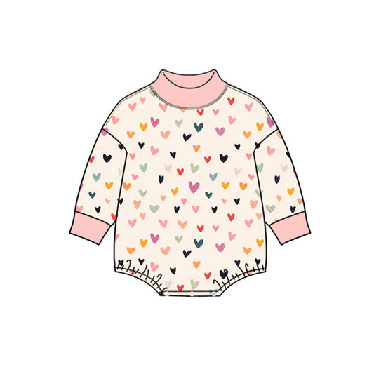 Preorder MOQ 5 pcs LR3425 Valentine's Day Colorful Love Pink Mockneck Baby Girls Bubble Romper