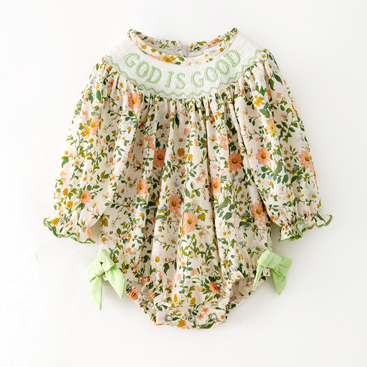Preorder MOQ 5 pcs LR3437 God is Good Leaves Flower Green Baby Girls Bubble Romper