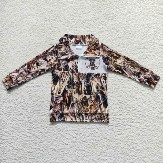 BT0333 Green Dog Camo Boys Long Sleeve Top Collar Polo Pullover T-Shirts