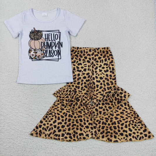 GSPO0836 Halloween Hello Pumpkin Season Leopard Girls Short Sleeve Bell Bottom Pants Outfits