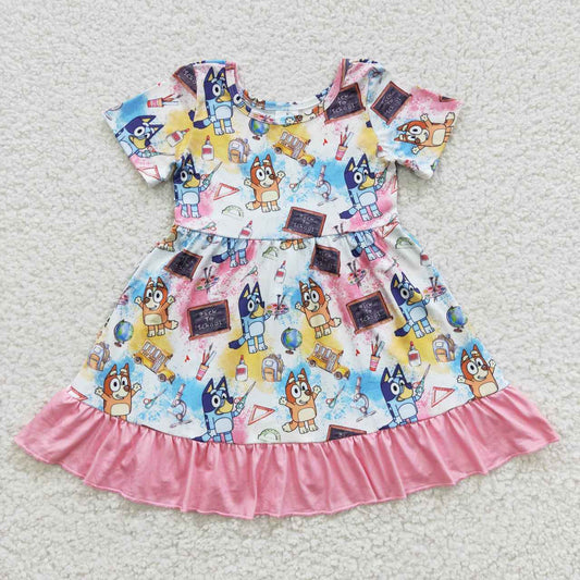 GSD0411 Pink Blue Dog Cartoon Girls Short Sleeve Dresses
