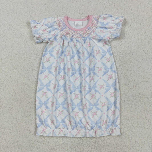 NB0045 Newborn light blue pink bows short sleeve nightgown romper 202505 RTS