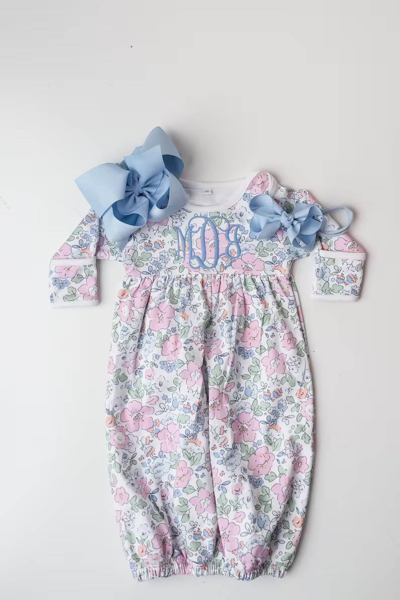 preorder NB0049 Newborn Floral Blue Long Sleeve Girls Nightgown Romper 202509