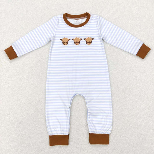 LR0723 Highland Cow brown Embroidery Girls Long Sleeve Romper