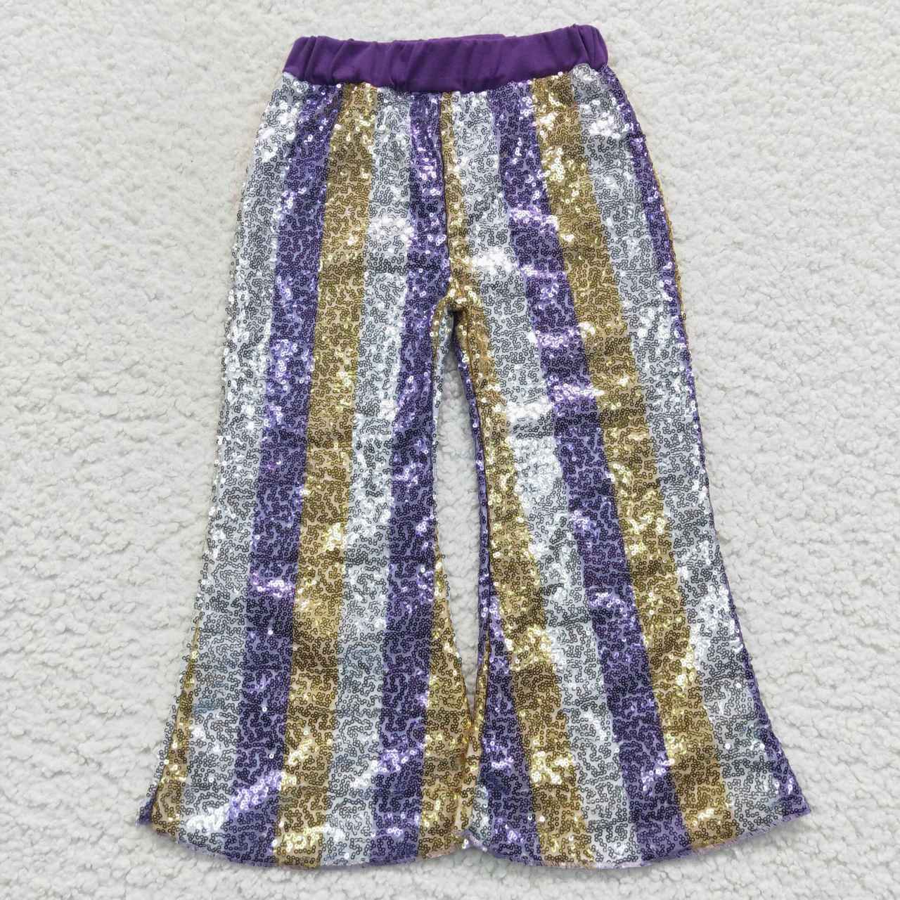 P0276 Purple Golden Stripes Sequin Bell-bottom Kids Long Pants