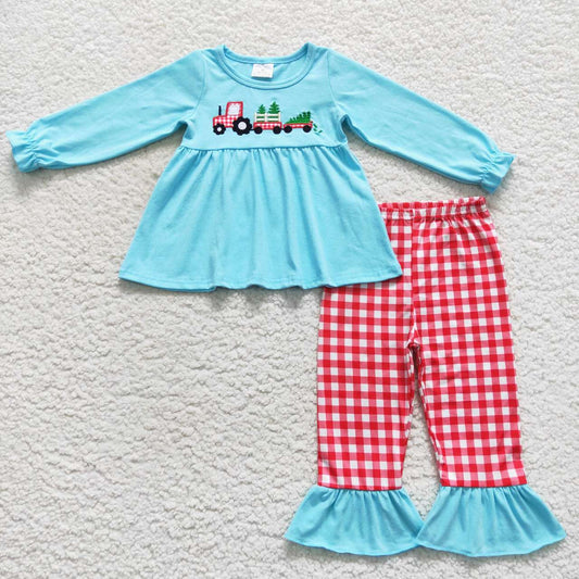 GLP0609 Christmas Blue Red Tree Embroidery Girls Long Sleeve Pants Outfits