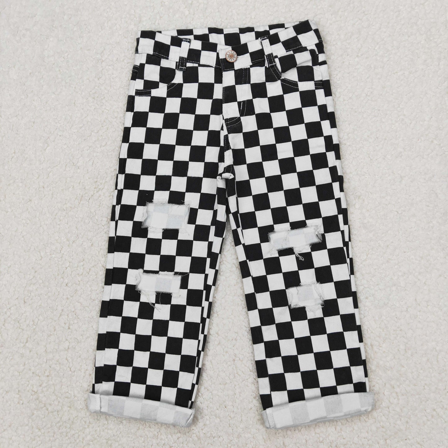 P0122 New Black Plaid Distress Girls Denim Jeans 202504 RTS