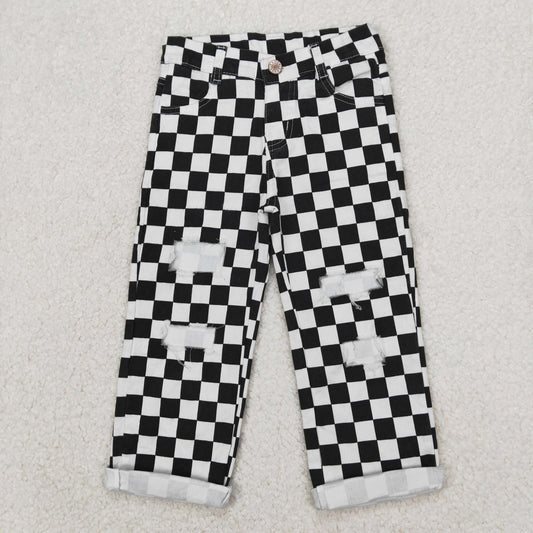 P0122 New Black Plaid Distress Girls Denim Jeans 202504 RTS