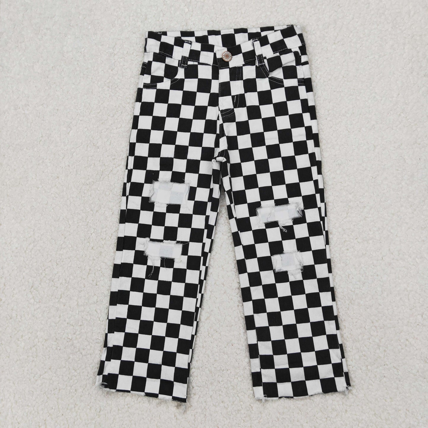 P0122 New Black Plaid Distress Girls Denim Jeans 202504 RTS