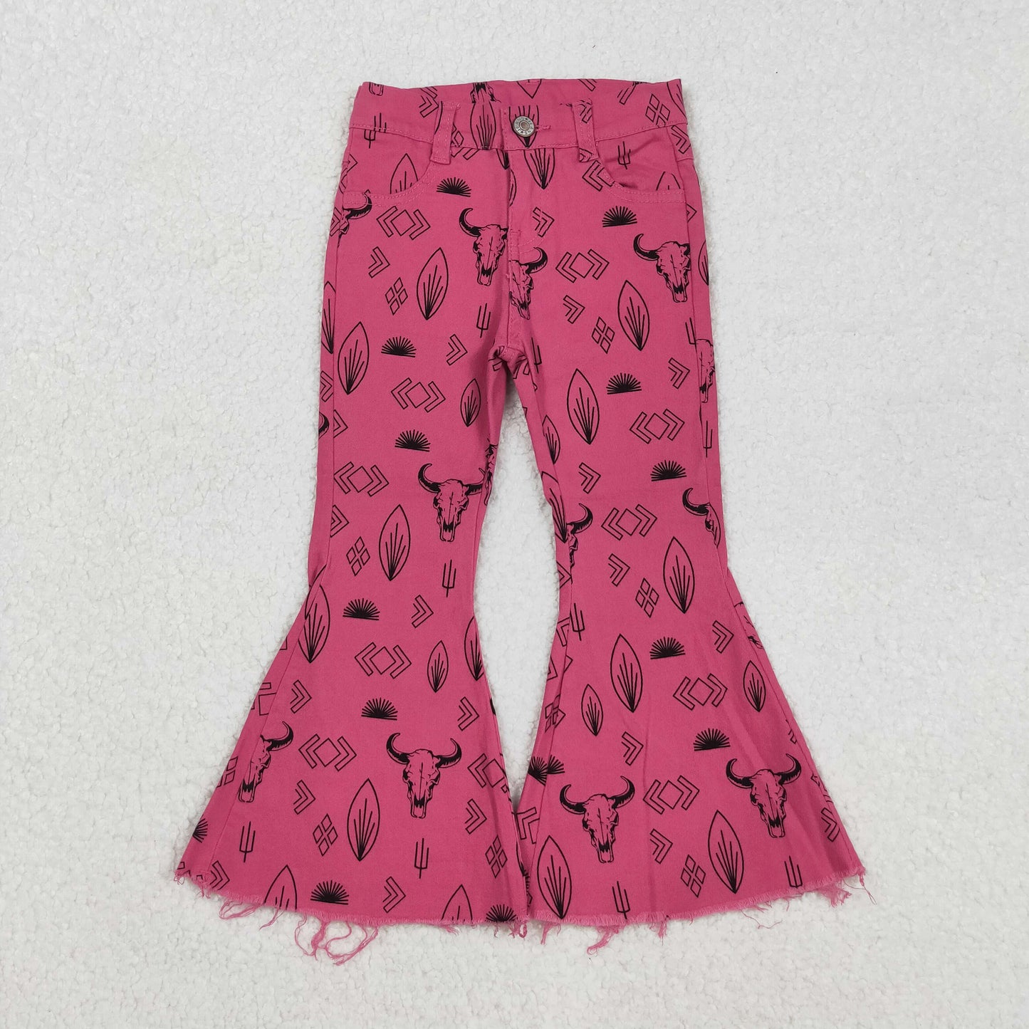 P0159 Pink Cactus Cow Girls Bell Pants Denim Jeans