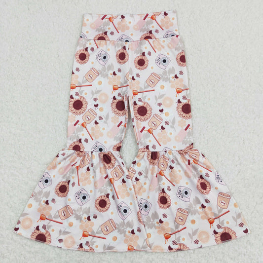 P0262 Sunflower Flower Camera Beige Girls Long Pants Bell Bottoms RTS 202508