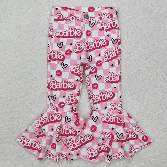 P0294 Barbie Pink denim bell bottom pants  with double lace Baby girls boutique outfit RTS 202501