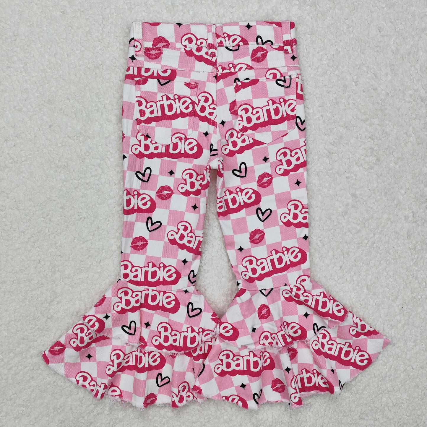 P0294 Barbie Pink denim bell bottom pants with double lace Baby girls boutique outfit RTS 202501