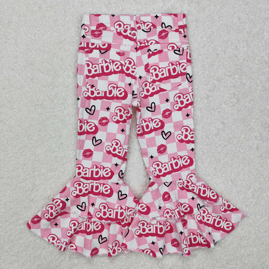 P0294 Barbie Pink denim bell bottom pants  with double lace Baby girls boutique outfit RTS 202501