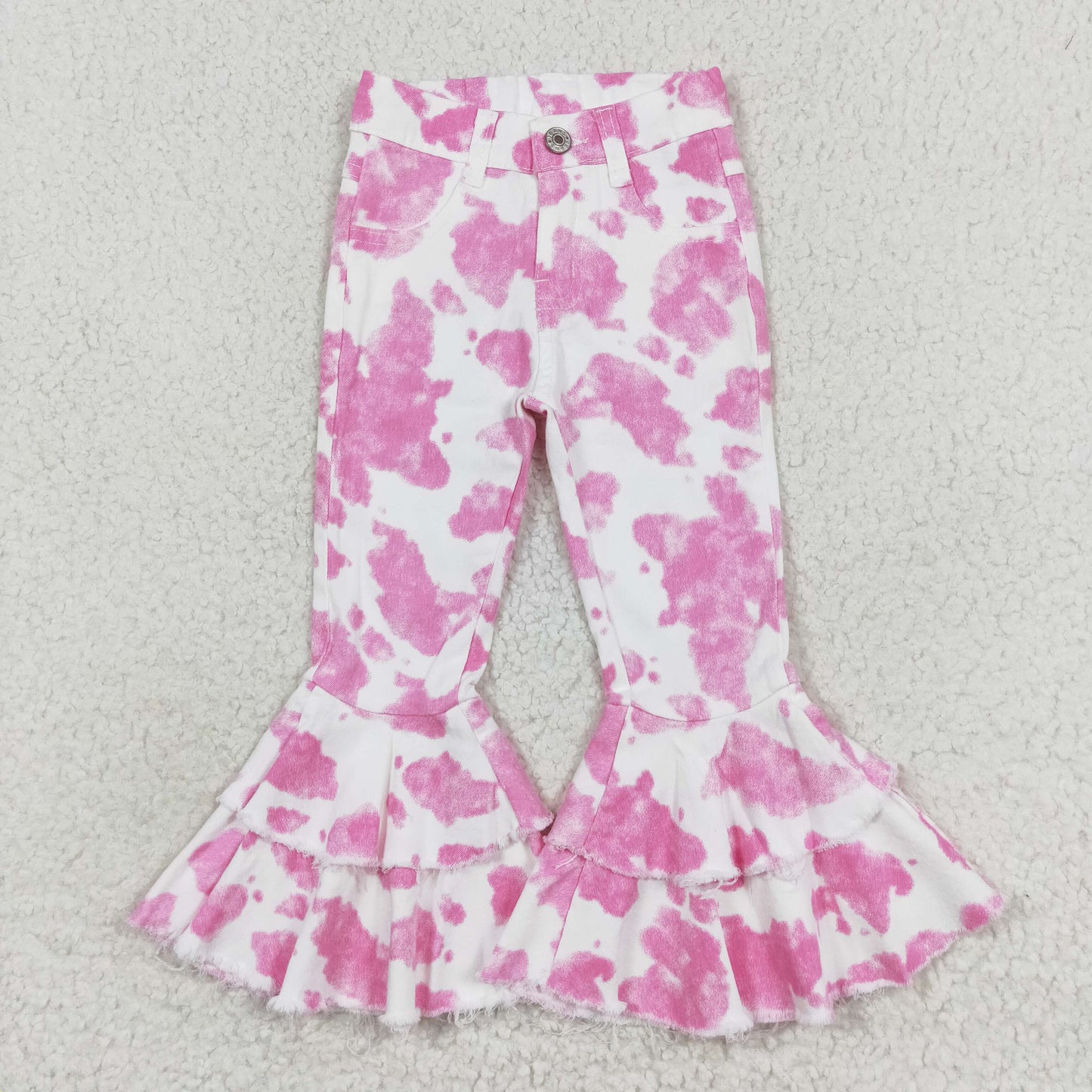 P0406 NO MOQ Pink and white cow-print denim pants high quality kids jeans girls