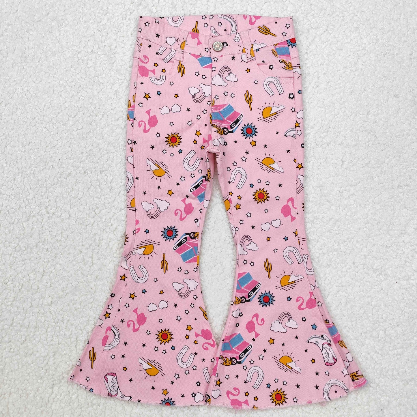 P0407 Pink Denim pants with belt girls bell bottom pants Mardi Gras outfit 202412RTS
