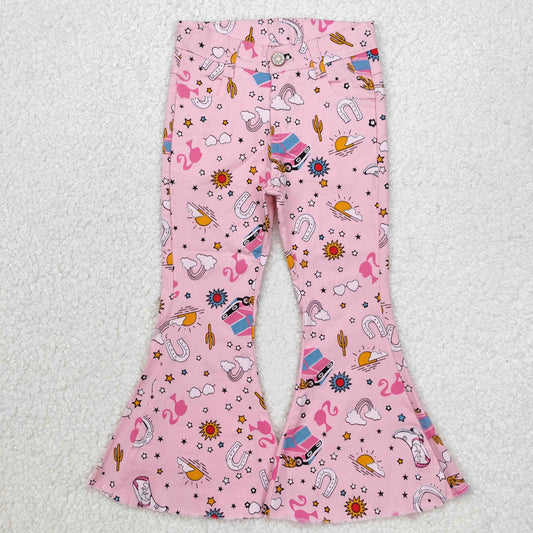 P0407 Pink Denim pants with belt girls bell bottom pants Mardi Gras outfit  202412RTS