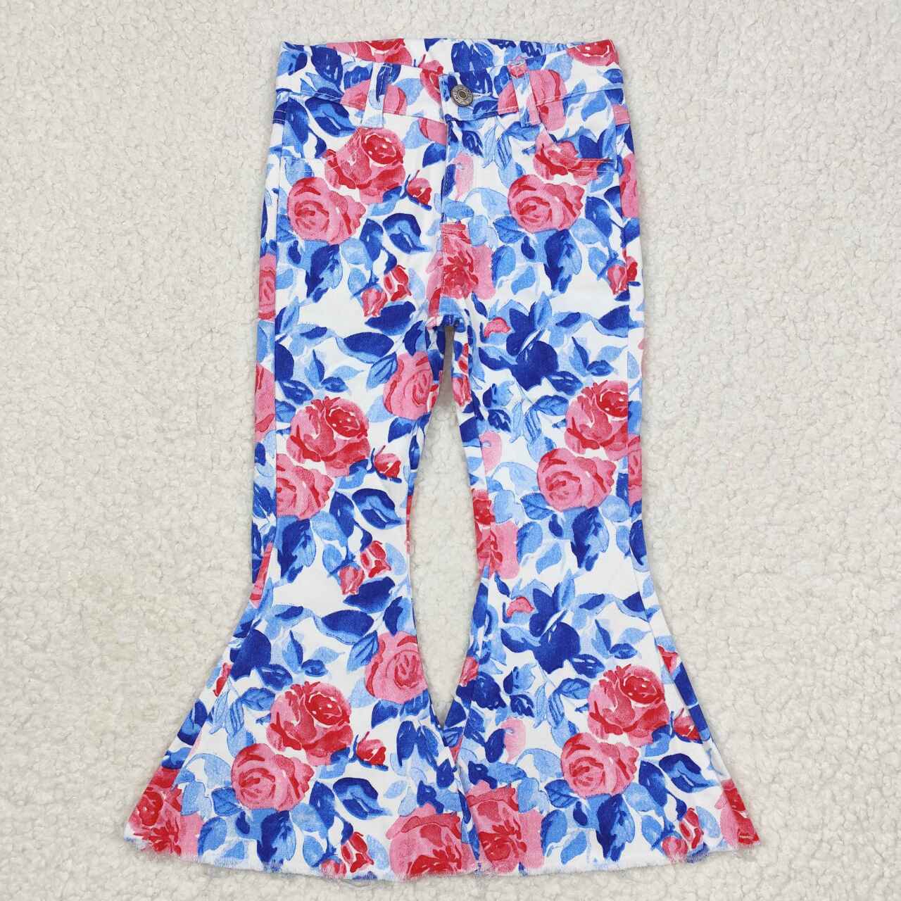 P0466 NO MOQ Pink flowers Blue leaves White denim pants western clothes