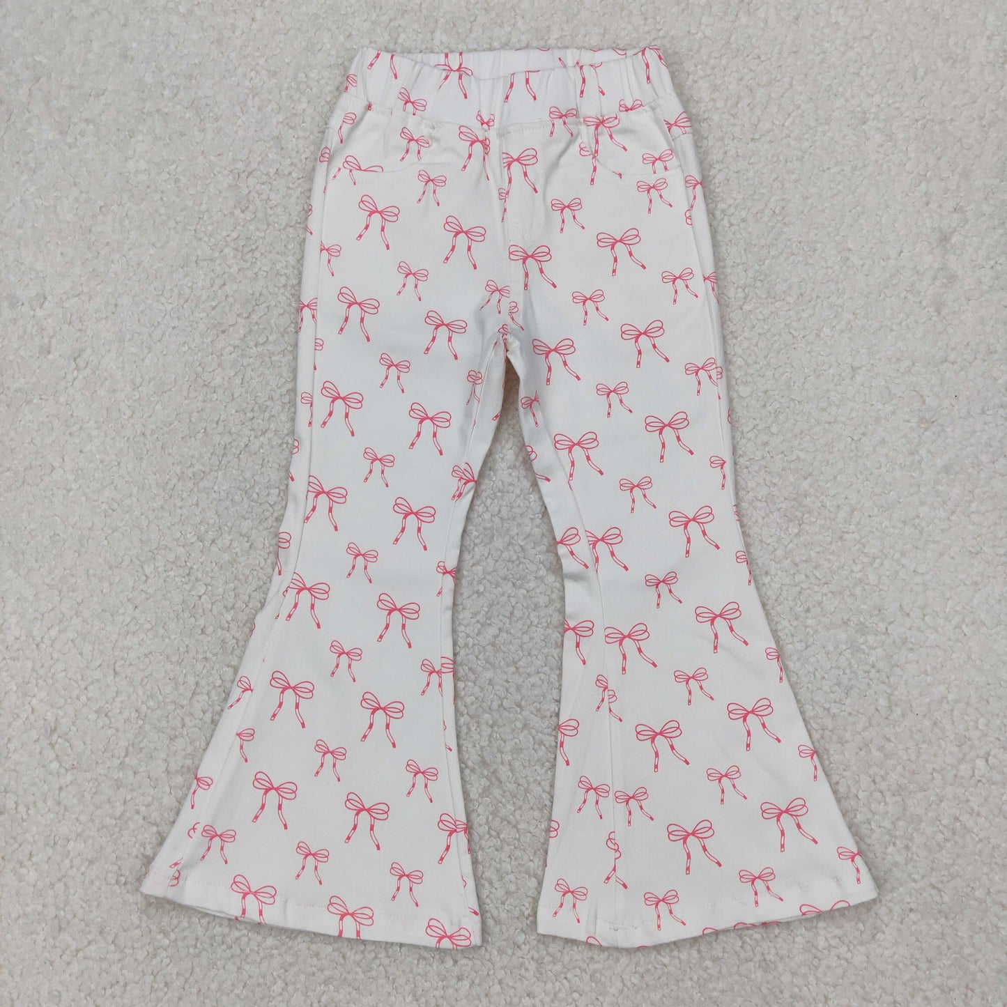 P0732 Pink Bows White Bell Bottom Pants Girls Denim Jeans 202504 RTS