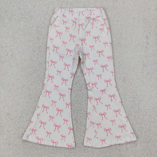 P0732 Pink Bows White Bell Bottom Pants Girls Denim Jeans 202504 RTS