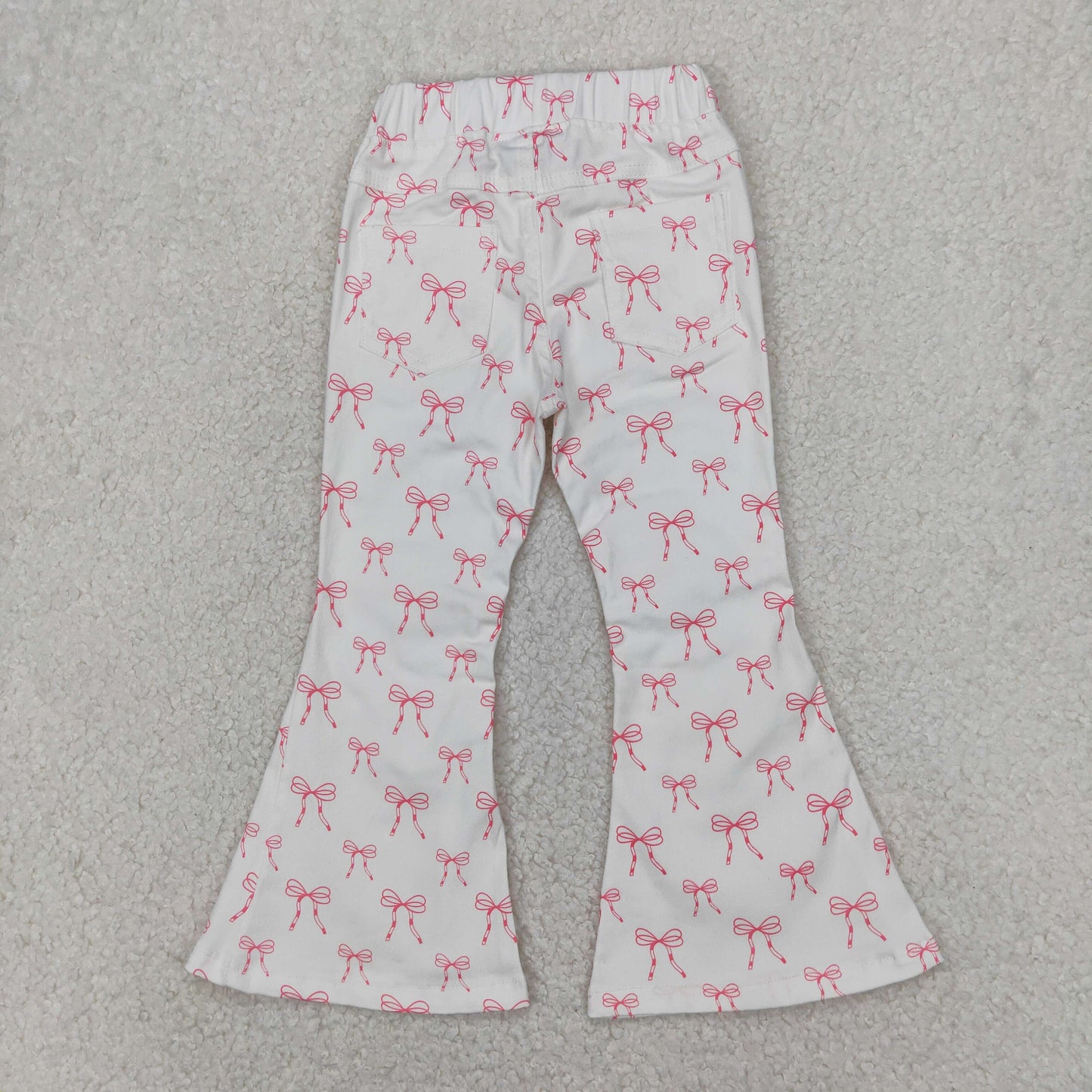 P0732 Pink Bows White Bell Bottom Pants Girls Denim Jeans 202504 RTS