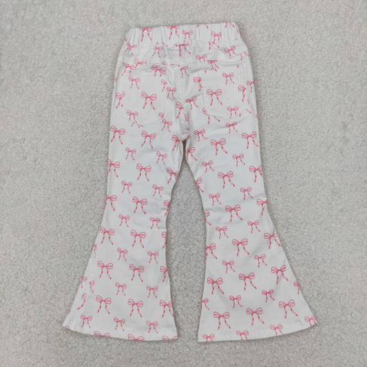 P0732 Pink Bows White Bell Bottom Pants Girls Denim Jeans 202504 RTS