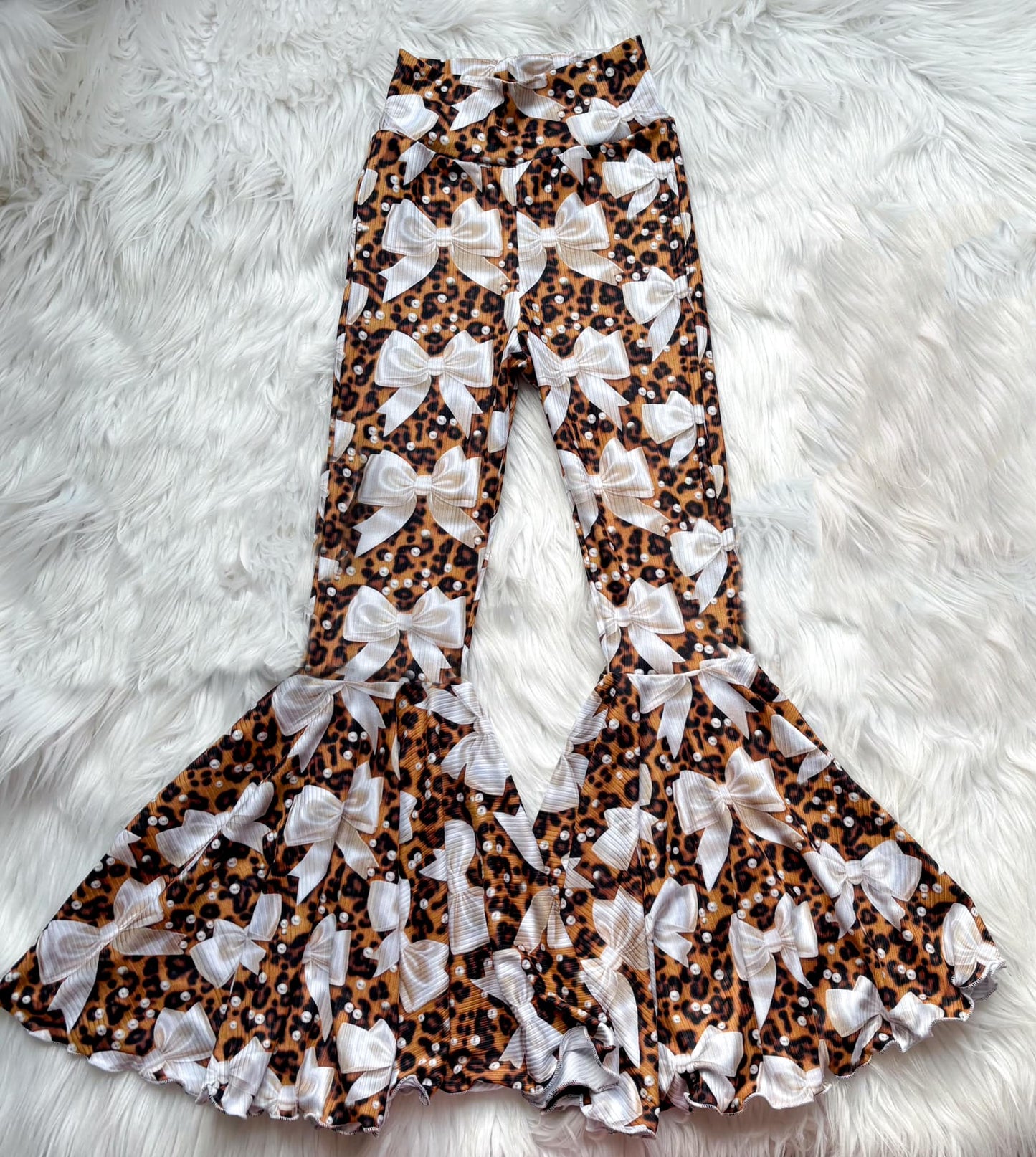 preorder P0749 Adult ladies brown leopard bow pearl bell bottoms pants women boutique outfits 202503