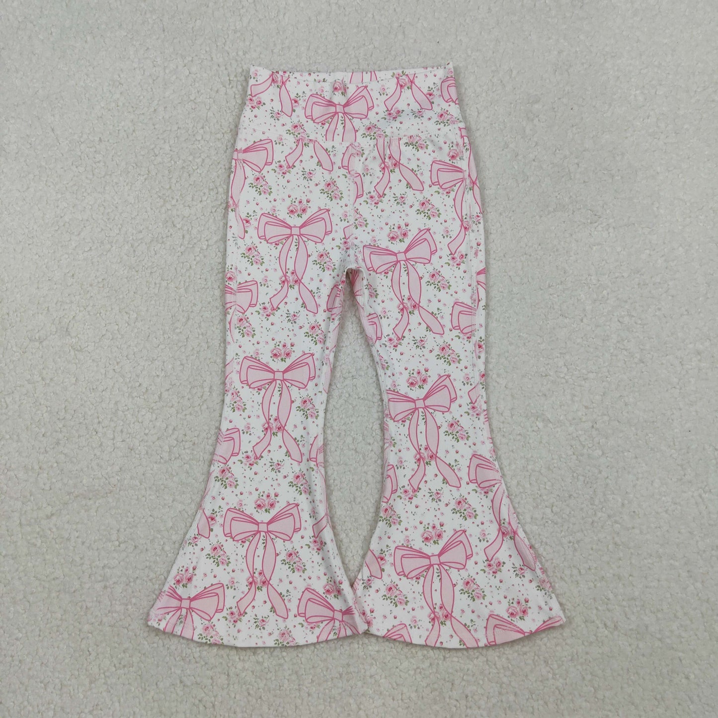P0773 Girls Boutique Floral Bows Pink White Yoga Pants 202510 RTS