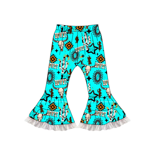 Preorder P0782 Girls Boutique Cowgirl Alpine Bull Head Geometric Ruffle Blue Green Pants 202506