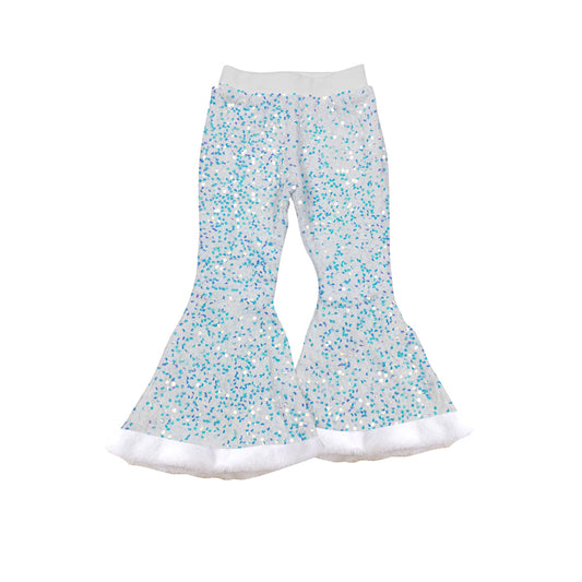 preorder P0793 Girls White Blue Sequin Plush Ruffle Bell-bottomed Pants 202507