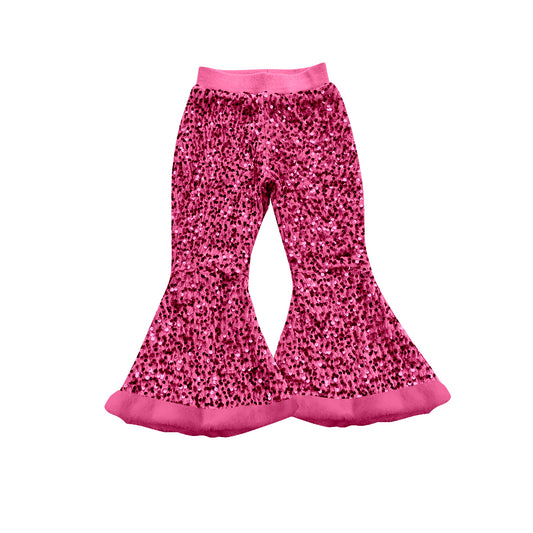 preorder P0795 Girls Rose Red Sequin Plush Ruffle Bell-bottomed Pants 202507