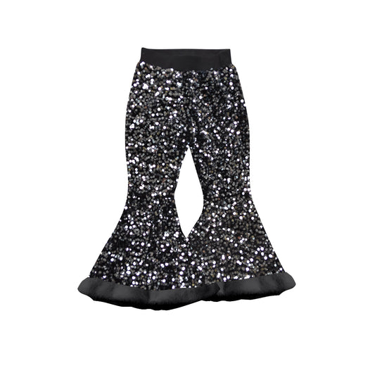 preorder P0799 Girls Black Sequin Plush Ruffle Bell-bottomed Pants 202507