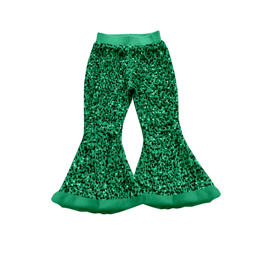 preorder P0802 Girls Green Sequin Plush Ruffle Bell-bottomed Pants 202507