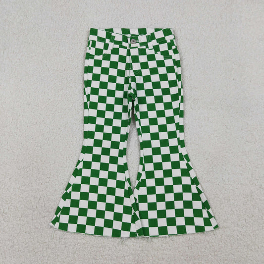 P0841 Girls Green White Plaid Denim Bell Bottom Pants Jeans 202601 RTS