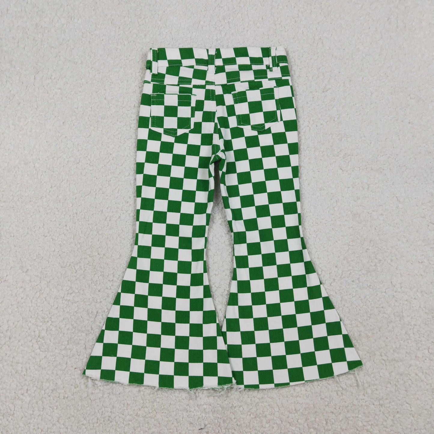 P0841 Girls Green White Plaid Denim Bell Bottom Pants Jeans 202601 RTS