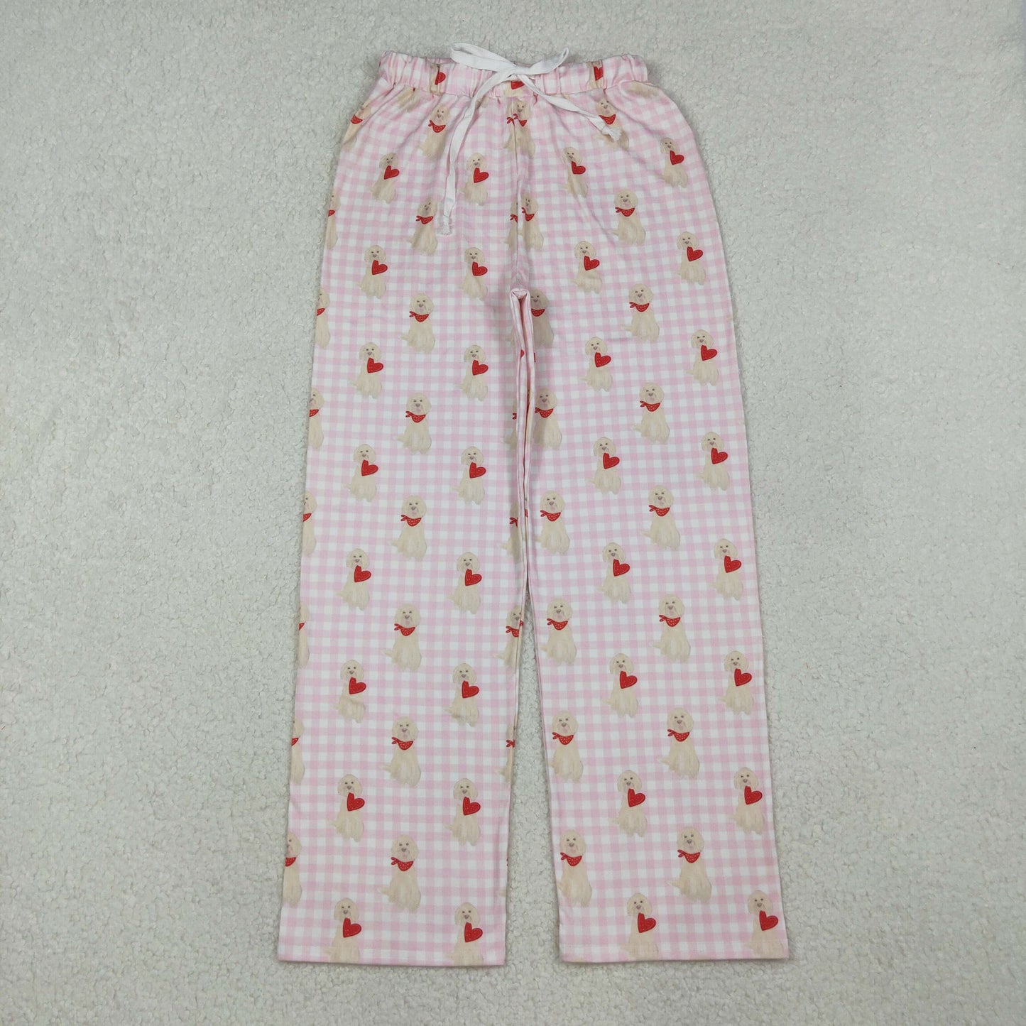 P0849 Adult Female Valentine's Day Love Puppy Pink Plaid Long Pants 202510 RTS