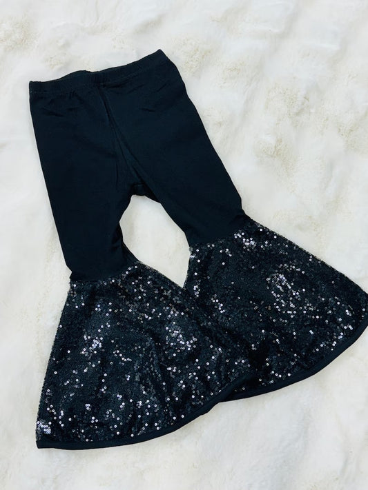 MOQ 8 Preorder P0850 Girls Solid Black Sequined Bell Bottom Pants 202509