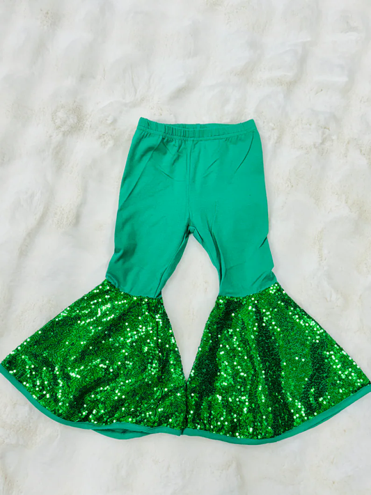 MOQ 8 Preorder P0851 Girls Solid Green Sequined Bell Bottom Pants 202509