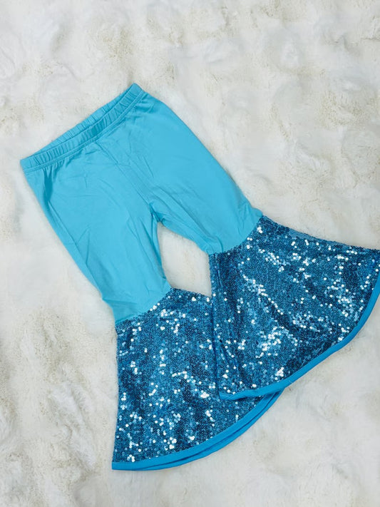 MOQ 8 Preorder P0852 Girls Solid Blue Sequined Bell Bottom Pants 202509