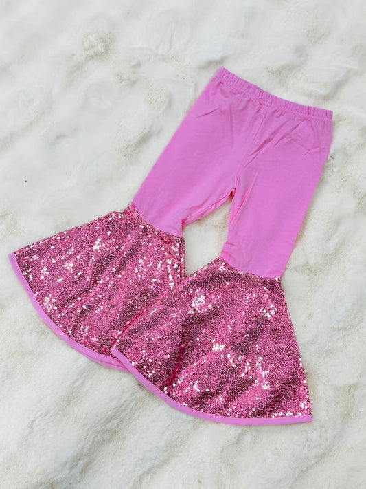 MOQ 8 Preorder P0853 Girls Solid Pink Sequined Bell Bottom Pants 202509