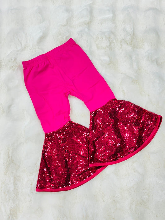 MOQ 8 Preorder P0855 Girls Solid Rose Red Sequined Bell Bottom Pants 202509