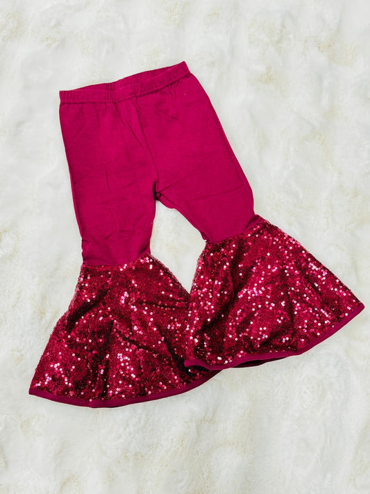 MOQ 8 Preorder P0856 Girls Solid Dark Red Sequined Bell Bottom Pants 202509