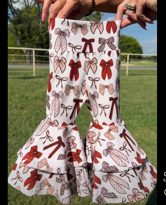 MOQ 8 Preorder P0885 Girls Bows Double Ruffle Yoga Bell Bottom Pants 202509