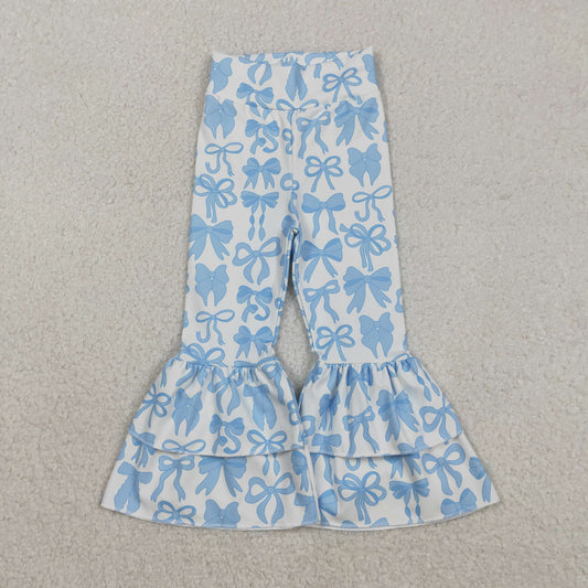 P0886 Girls Blue Bows Double Ruffle Yoga Bell Bottom Pants 202511 RTS