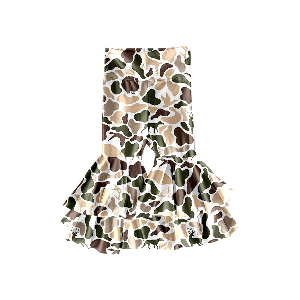 MOQ 8 Preorder P0890 Deer Puppy Duck Hunting Camouflage Double Ruffle Yoga Bell Bottom Girls Pants 202509